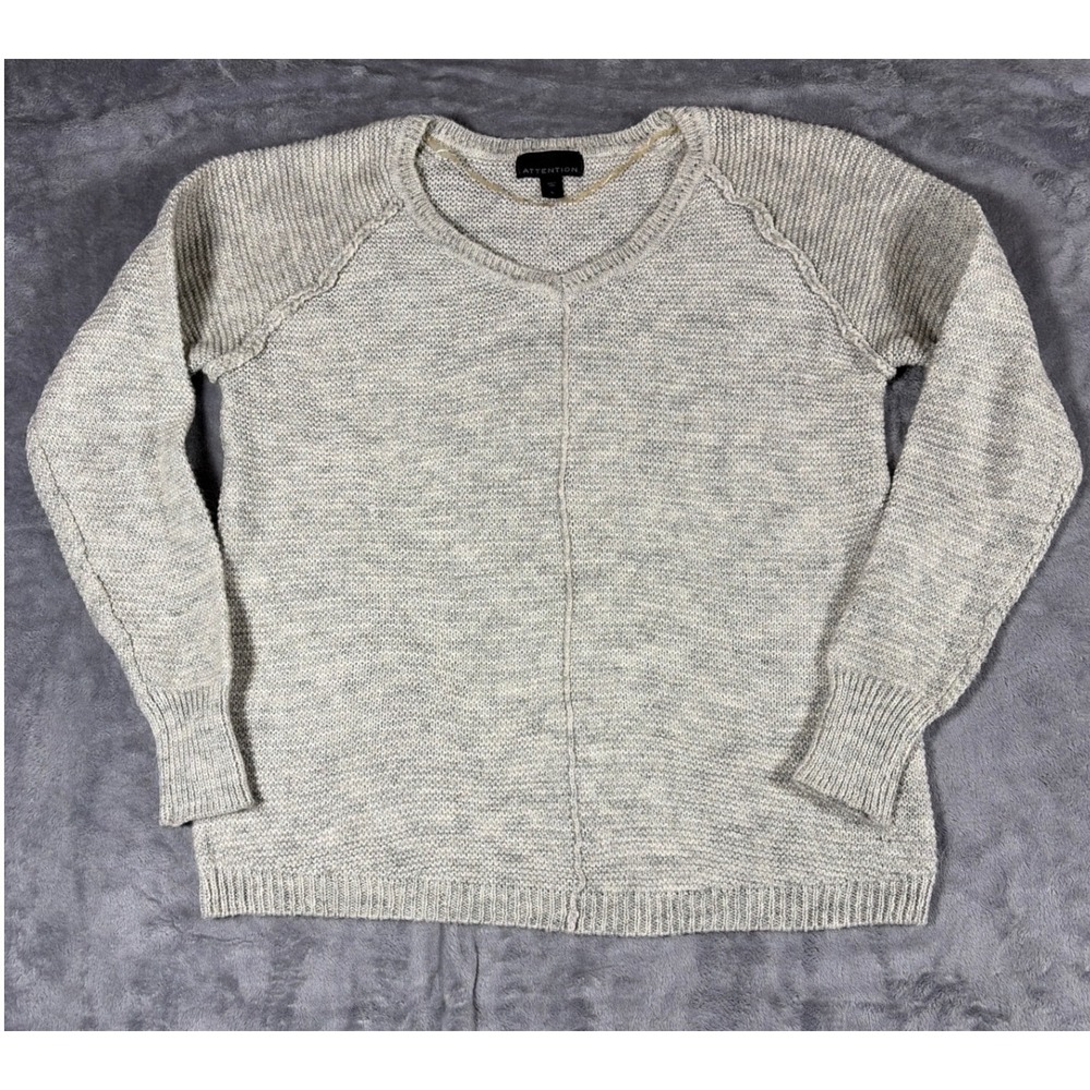 Attention Womens V-Neck Sweater Light Gray Marl Center Seam Raglan Sleeve XL